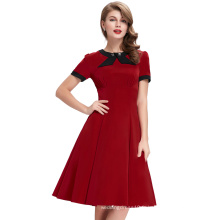 Belle Poque à manches courtes à manches courtes nœud décorées Red 50s Retro Vintage Party Dress BP000068-1